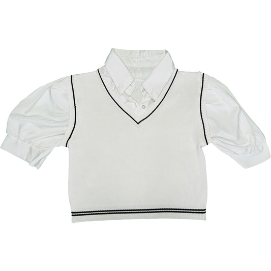 Vintage White Knit V-Neck Vest with Puffy Sleeve Collared Shirt