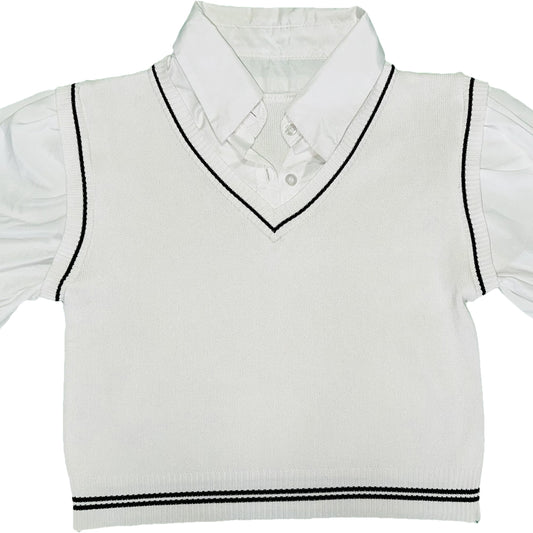 Vintage White Knit V-Neck Vest with Puffy Sleeve Collared Shirt